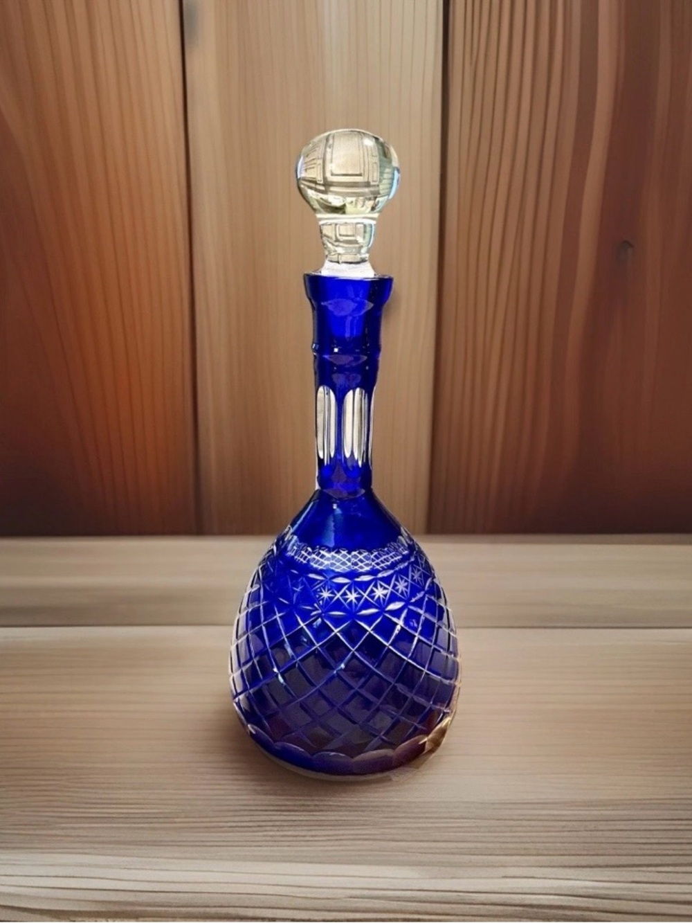 BOHEMIAN Cobalt Blue~Cut to Clear Crystal - Star Spirit - Decanter with Stopper